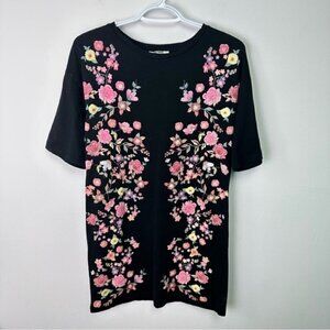 ZARA Floral T-Shirt Dress Short Sleeve Size Small Round Neck Black/Pink